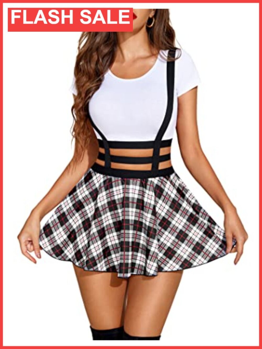 Avidlove Pleated Suspender A-Line Mini Skirt High Waist Elastic